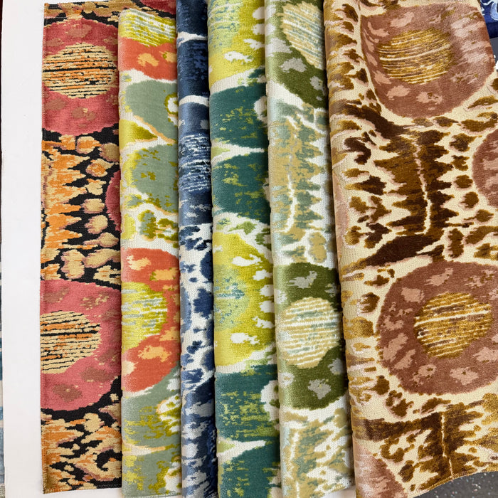 KAYA -IKAT EFFECT DESIGNER PATTERN CUT VELVET UPHOLSTERY FABRIC BY THE YARD