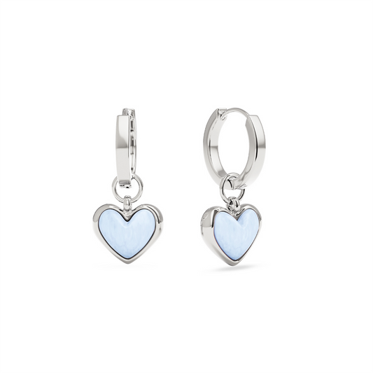Light Blue Lace Agate Heart Huggie Earrings (Silver)