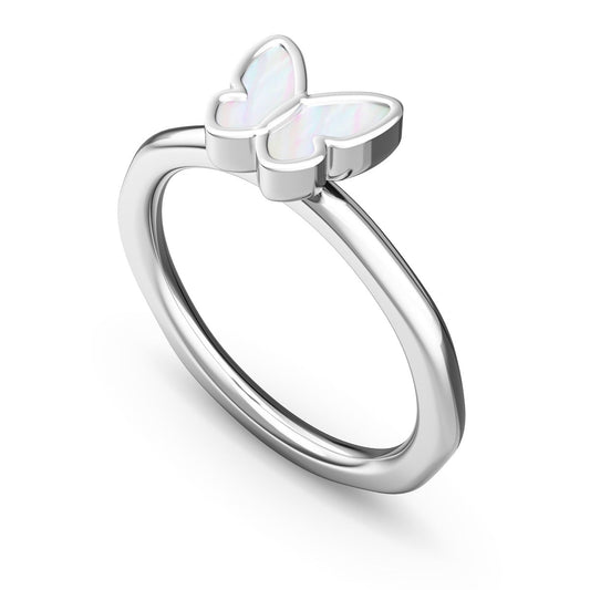 Layering Sterling Silver Molten White Mother of Pearl Butterfly Ring (Silver)