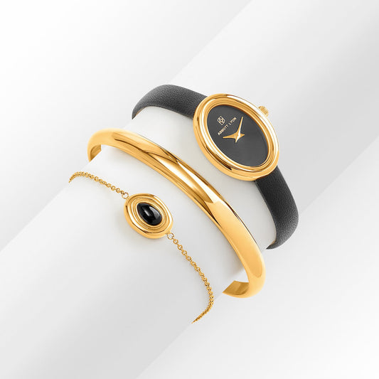 Monroe Leather Watch & Onyx Bracelet Set (Black/Gold)