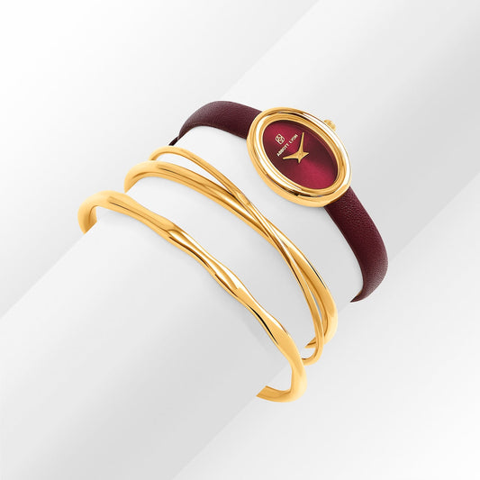 Monroe Leather Watch & Bangle Set (Burgundy/Gold)