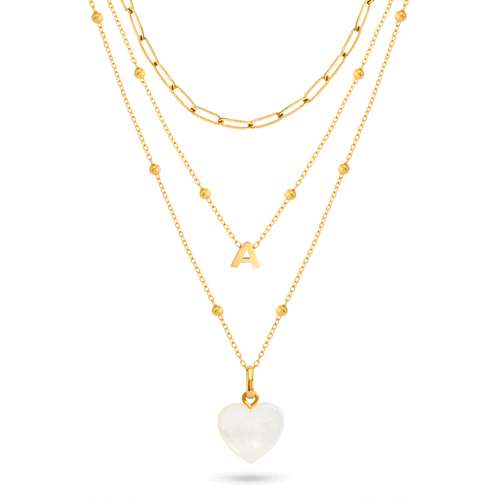 Mini Letter & Heart Birthstone Layered Necklace Set (Gold)