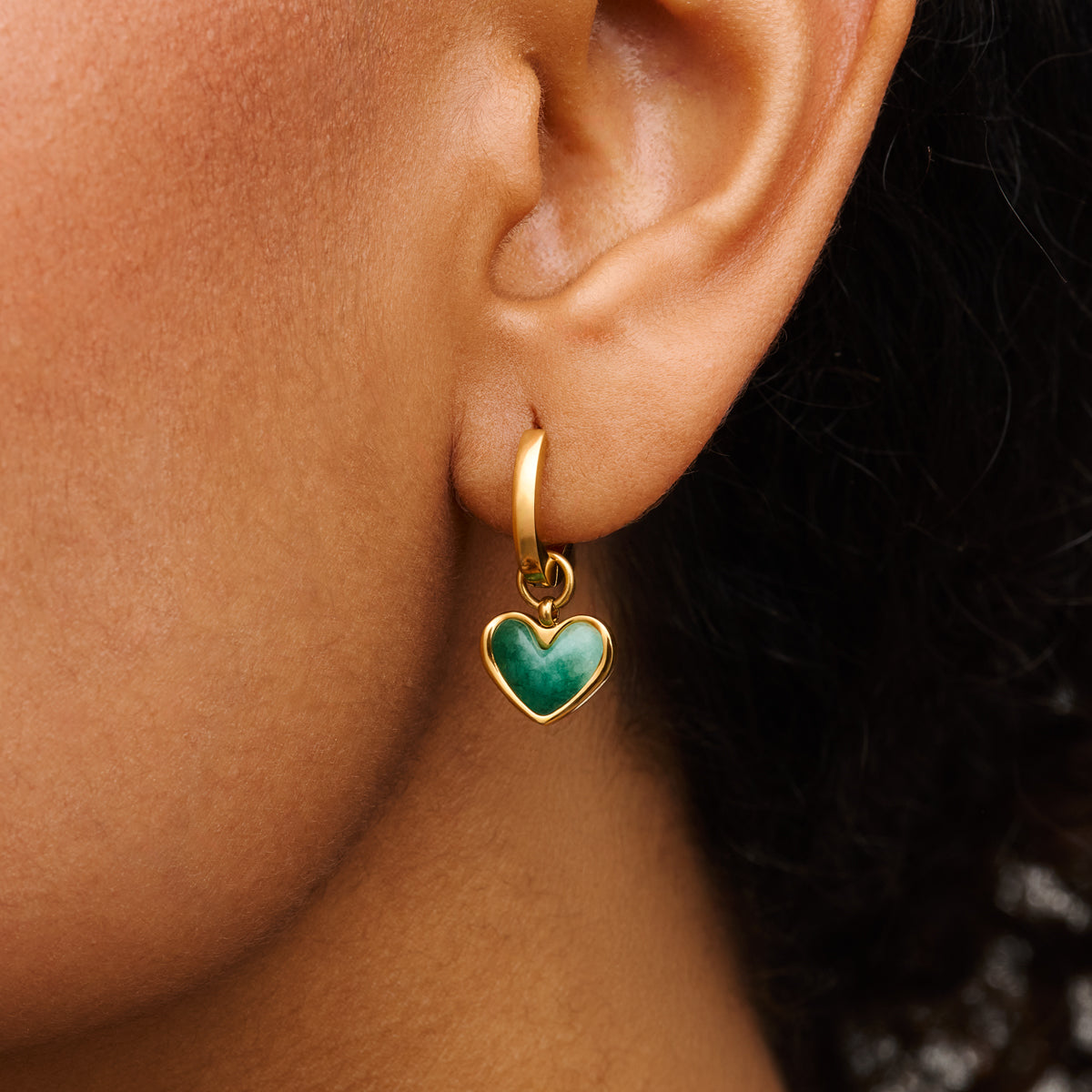 Green Quartz Heart Huggie Earrings (Gold)