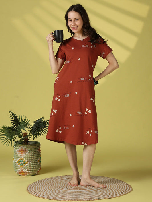 Brown floral hosiery cotton short nighty for women online