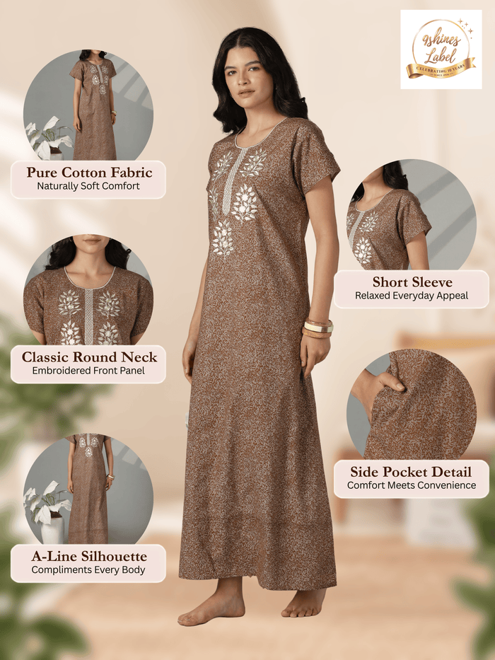 Mocha floral embroidered cotton nighty for women online