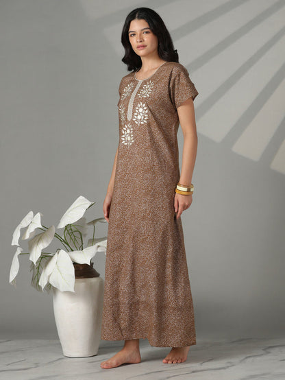 Mocha floral embroidered cotton nighty for women online