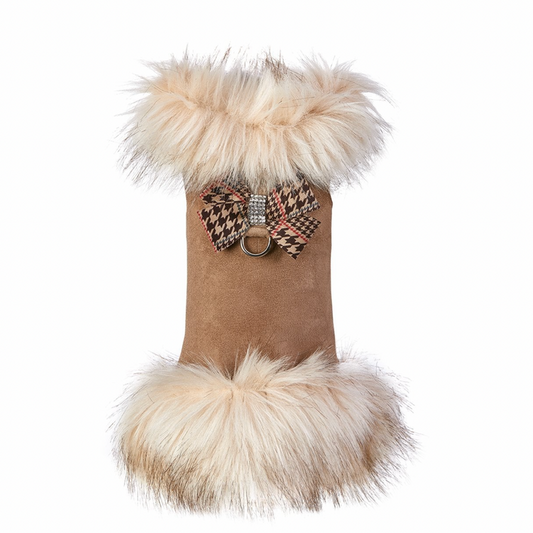 Chocolate Glen Houndstooth Nouveau Bow Ivory Fox Faux-Fur Coat