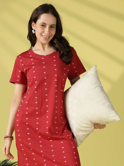 Cute heart print cotton short nighty for women online