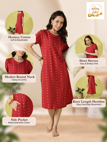 Cute Heart Print Cotton Short Nighty for Women Everyday Comfort