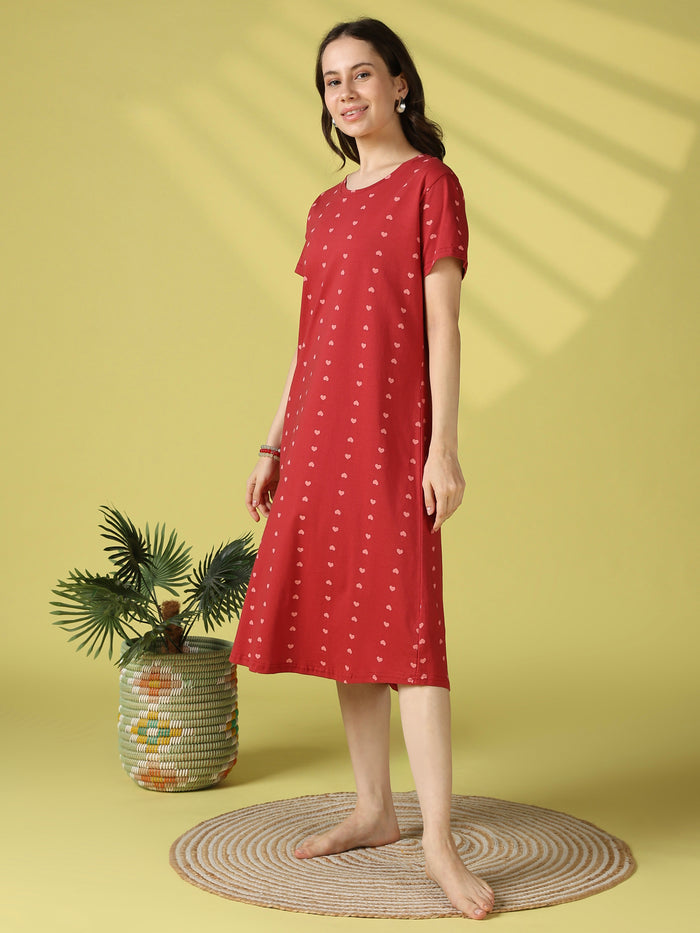 Cute heart print cotton short nighty for women online