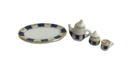 Blue and White Ceramic Dollhouse Miniature Tea Set, Miniature Teapot, Sugar Bowl, Pitcher and Tray
