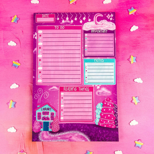 A notepad with sections for a to do list, important items, notes, and reading things. Featuring a pink and blue library in the lower left corner.