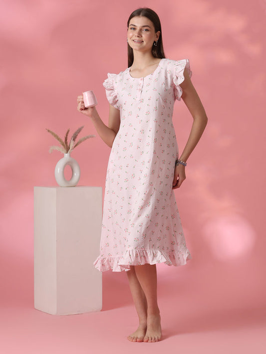 Pastel pink floral crush cotton short nighty for women