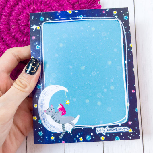 Kitty Reading on the Moon Notepad 4.25" x 5.5"