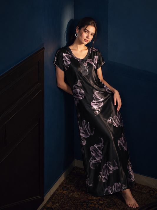 Premium Satin Nighty for Women with Smoky Print Design