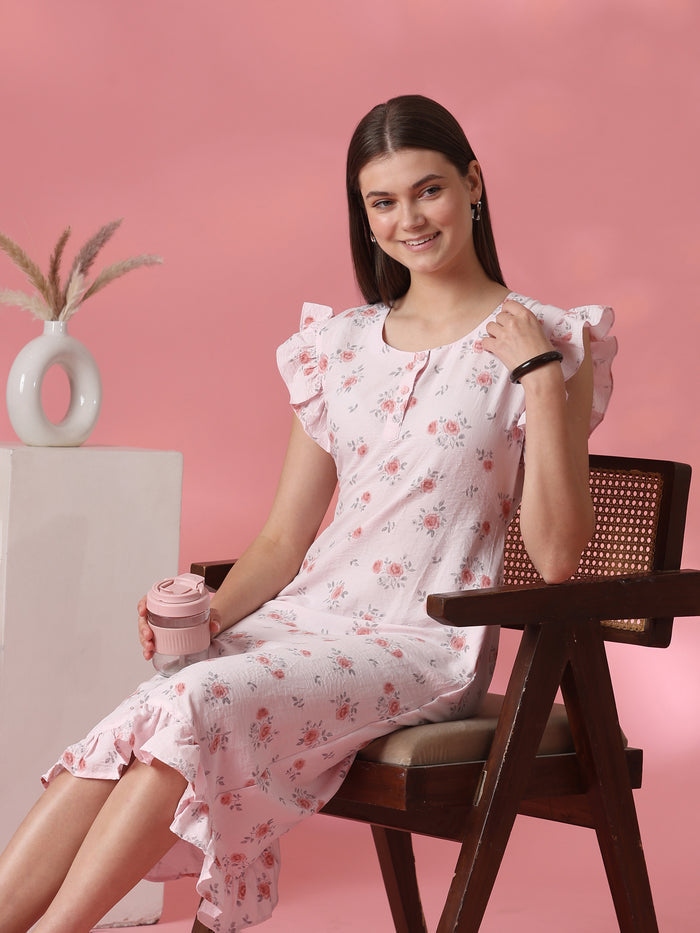 Rosy pink rose motif crush cotton short nighty for women