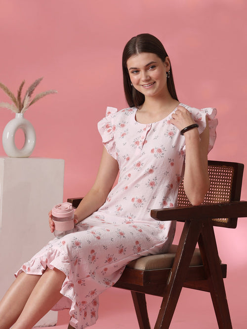 Rosy pink rose motif crush cotton short nighty for women