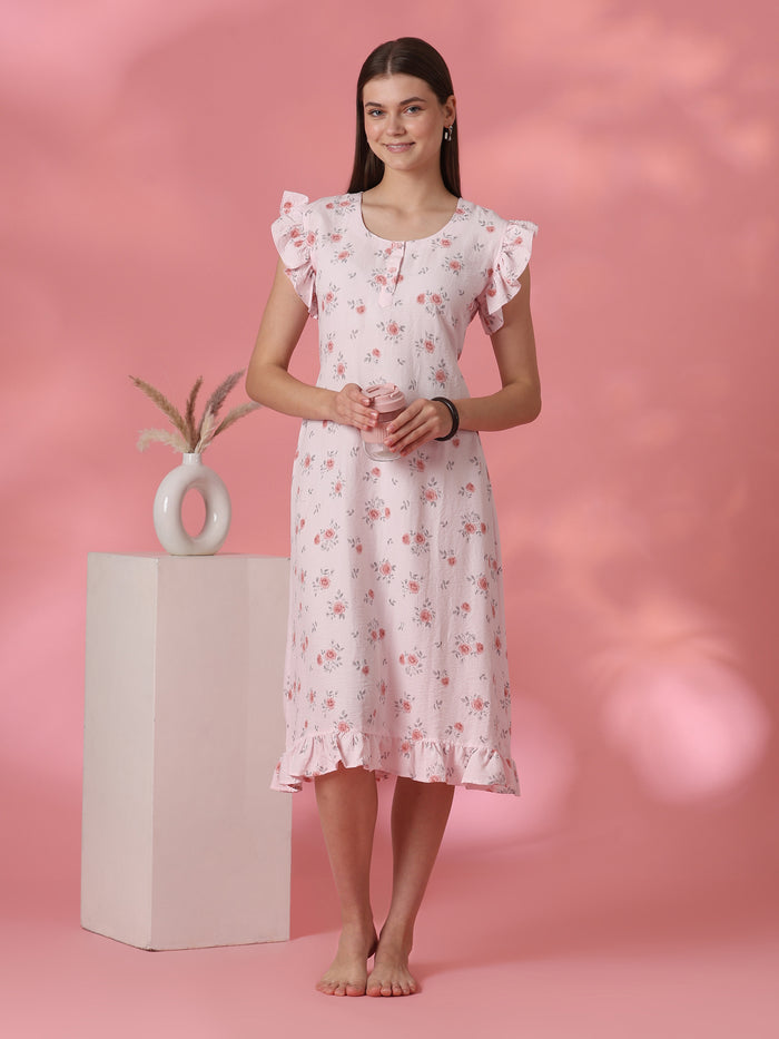 Rosy pink rose motif crush cotton short nighty for women