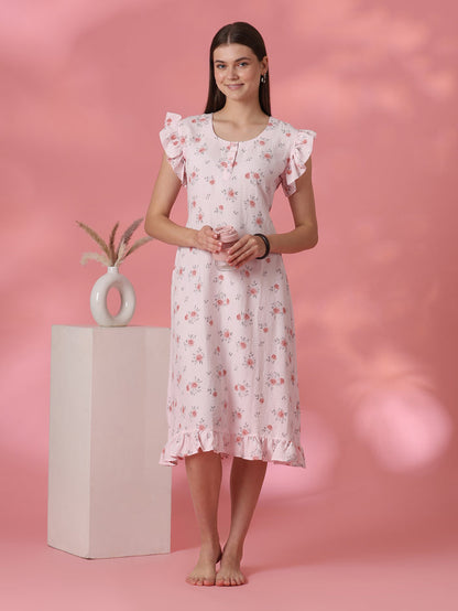 Rosy pink rose motif crush cotton short nighty for women