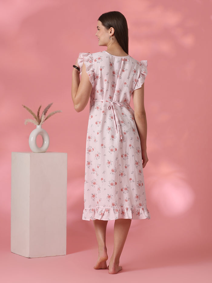 Rosy pink rose motif crush cotton short nighty for women