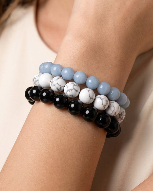 Royal Blue White & Black, Team Spirit Bracelet Stack, Gemstone Bracelet Set - 8MM